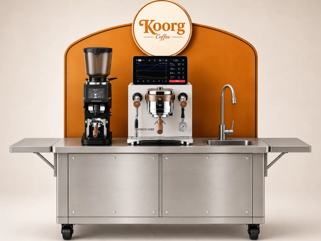 KOORG Micro Café counter with espresso machine, grinder and sink